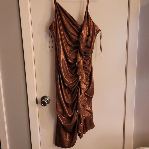 Y2K Deadstock I:NA Bronze Metallic Ruched Bodycon Dress Indie Sleaze Glam Sexy - Picture 4 of 14